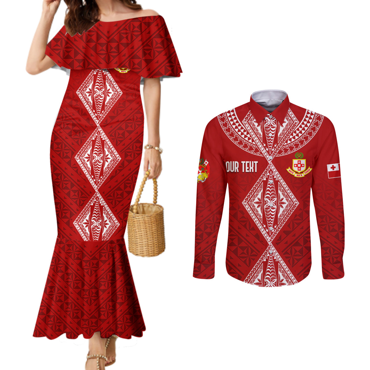 Personalised Kolisi Tonga Atele Couples Matching Mermaid Dress and Long Sleeve Button Shirts Tongan Kupesi - Special LT7 Red - Polynesian Pride