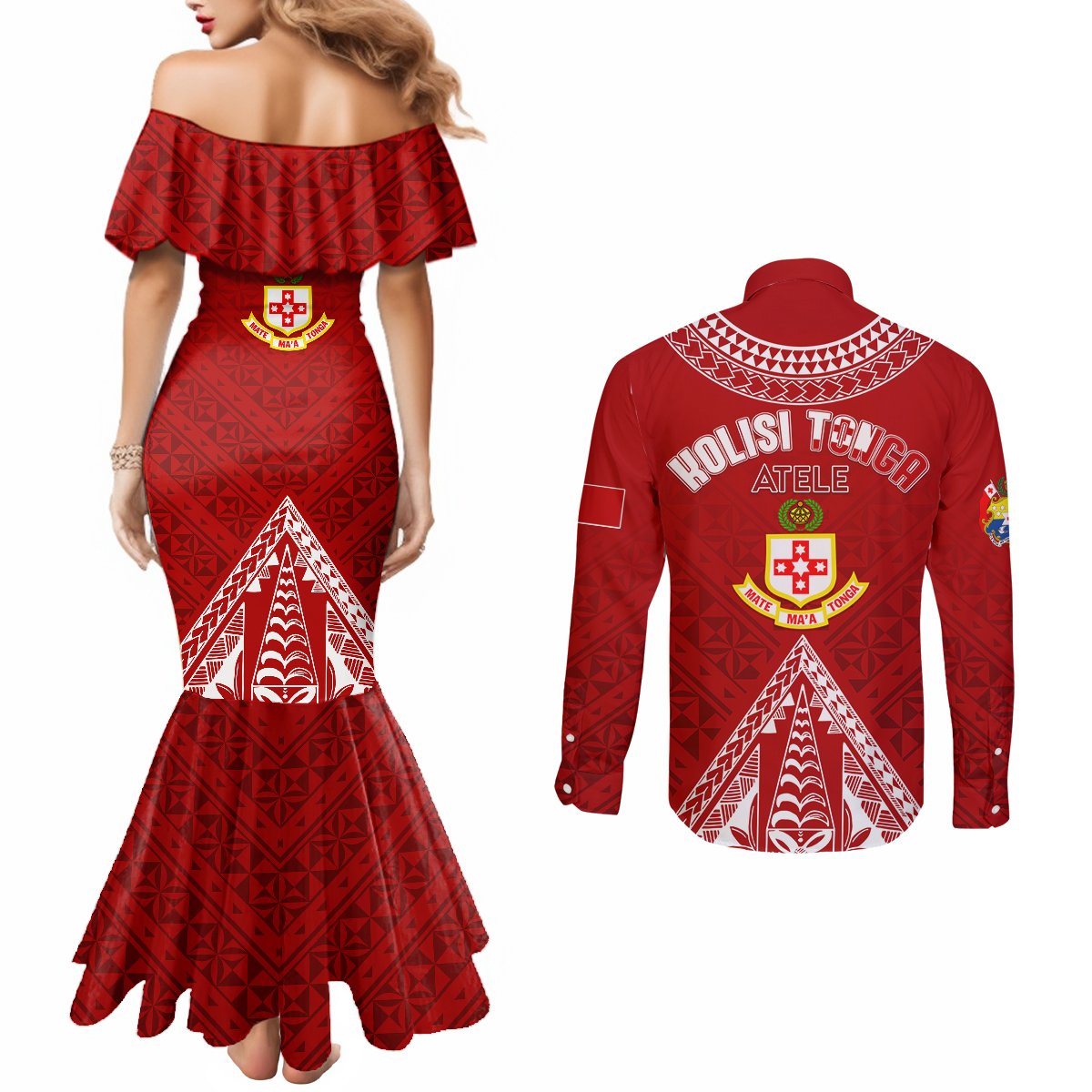 Personalised Kolisi Tonga Atele Couples Matching Mermaid Dress and Long Sleeve Button Shirts Tongan Kupesi - Special LT7 - Polynesian Pride