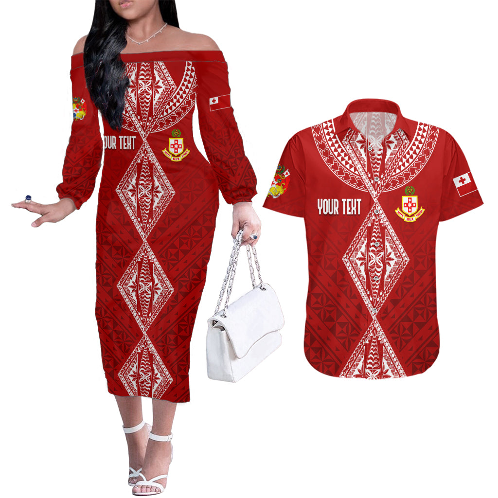 Personalised Kolisi Tonga Atele Couples Matching Off The Shoulder Long Sleeve Dress and Hawaiian Shirt Tongan Kupesi - Special LT7 Red - Polynesian Pride