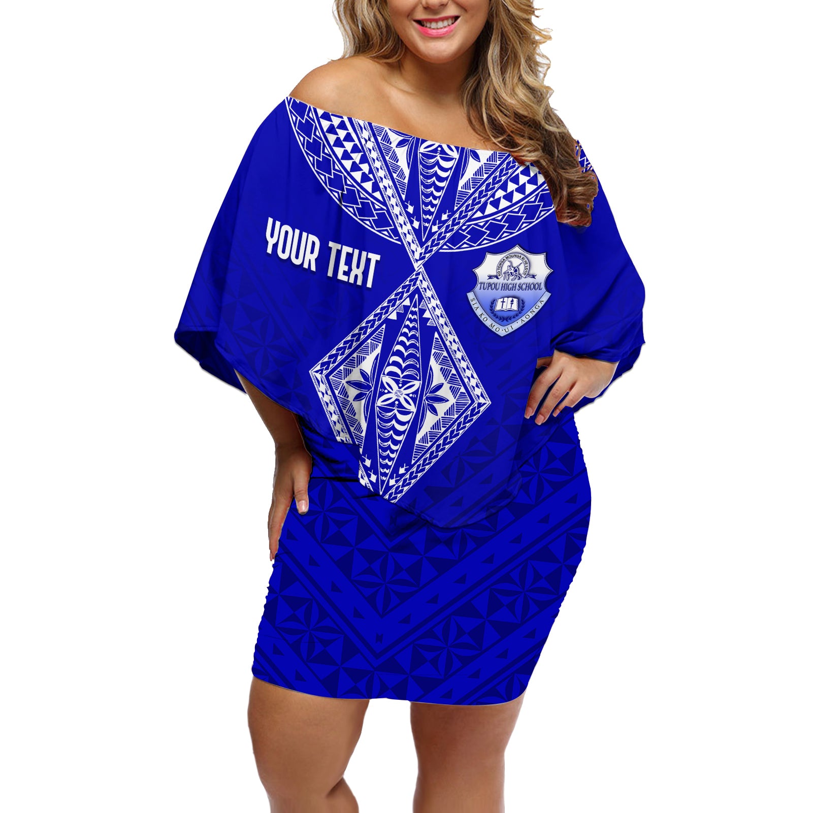 Personalised Tupou College Toloa Off Shoulder Short Dress Tongan Kupesi - Special LT7 Women Navy Blue - Polynesian Pride