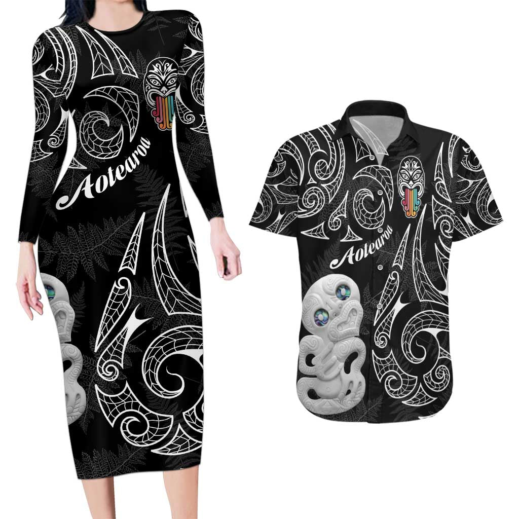 Kia Hara Te reo Maori Couples Matching Long Sleeve Bodycon Dress and Hawaiian Shirt Manaia Moko Pattern LT7 Black - Polynesian Pride