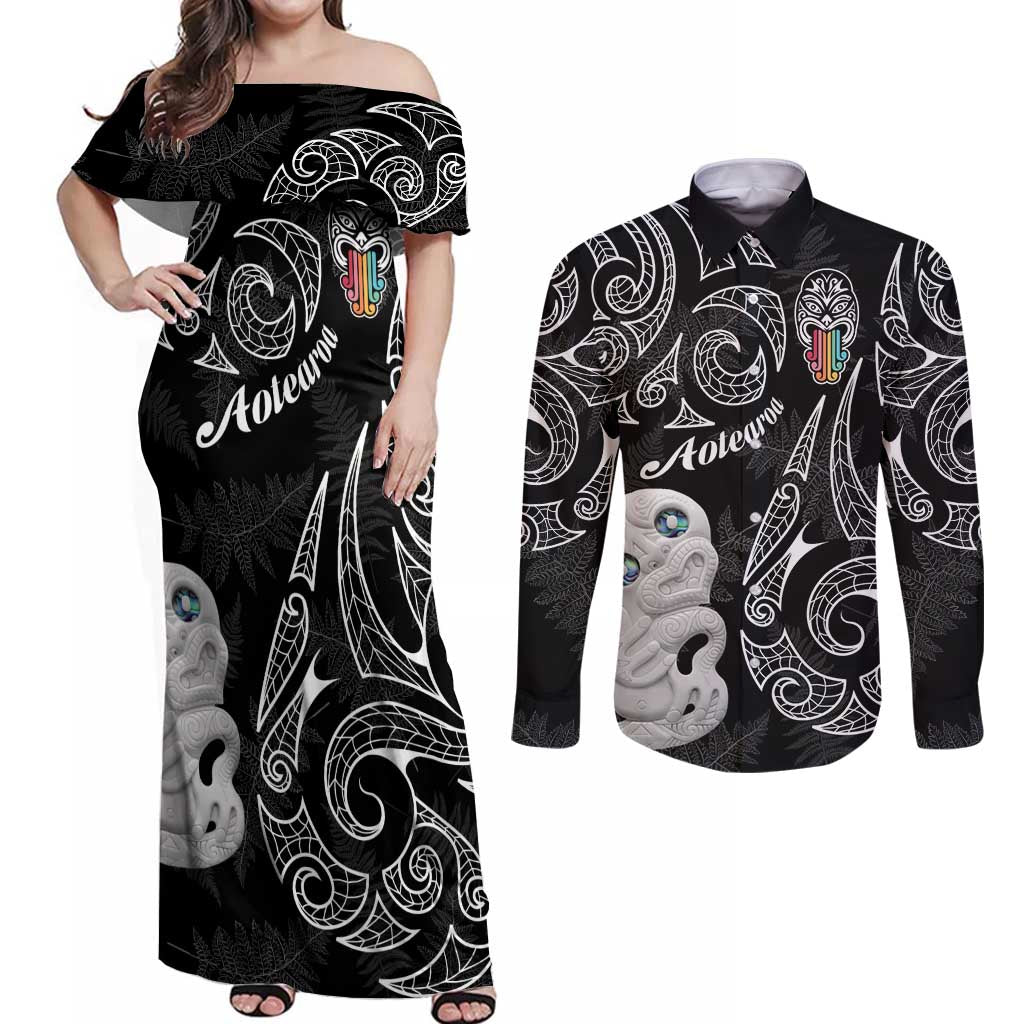 Kia Hara Te reo Maori Couples Matching Off Shoulder Maxi Dress and Long Sleeve Button Shirt Manaia Moko Pattern LT7 Black - Polynesian Pride