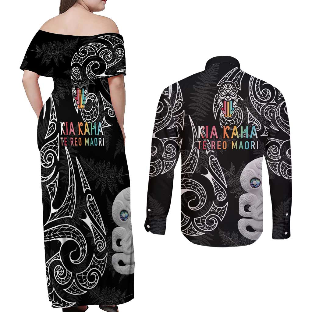 Kia Hara Te reo Maori Couples Matching Off Shoulder Maxi Dress and Long Sleeve Button Shirt Manaia Moko Pattern LT7 - Polynesian Pride