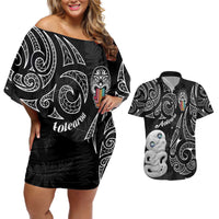 Kia Hara Te reo Maori Couples Matching Off Shoulder Short Dress and Hawaiian Shirt Manaia Moko Pattern LT7 Black - Polynesian Pride