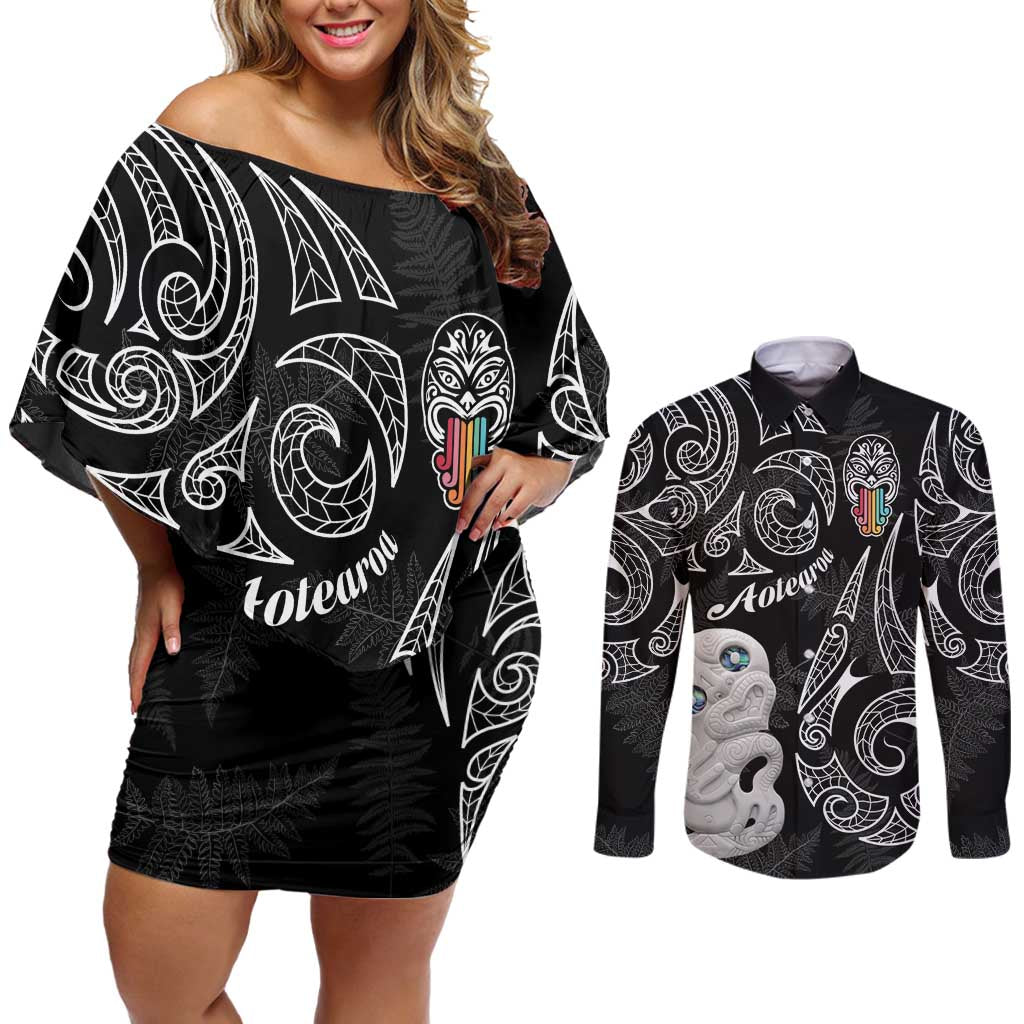 Kia Hara Te reo Maori Couples Matching Off Shoulder Short Dress and Long Sleeve Button Shirt Manaia Moko Pattern LT7 Black - Polynesian Pride