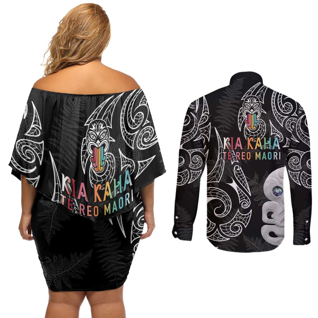 Kia Hara Te reo Maori Couples Matching Off Shoulder Short Dress and Long Sleeve Button Shirt Manaia Moko Pattern LT7 - Polynesian Pride