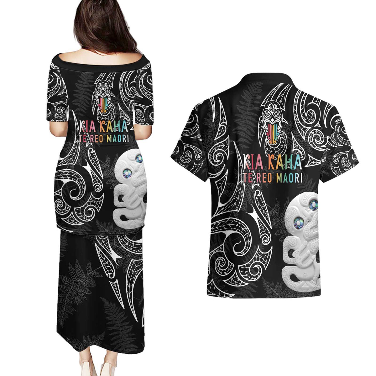 Kia Hara Te reo Maori Couples Matching Puletasi and Hawaiian Shirt Manaia Moko Pattern LT7 - Polynesian Pride
