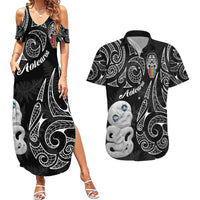Kia Hara Te reo Maori Couples Matching Summer Maxi Dress and Hawaiian Shirt Manaia Moko Pattern LT7 Black - Polynesian Pride