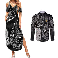 Kia Hara Te reo Maori Couples Matching Summer Maxi Dress and Long Sleeve Button Shirt Manaia Moko Pattern LT7 Black - Polynesian Pride