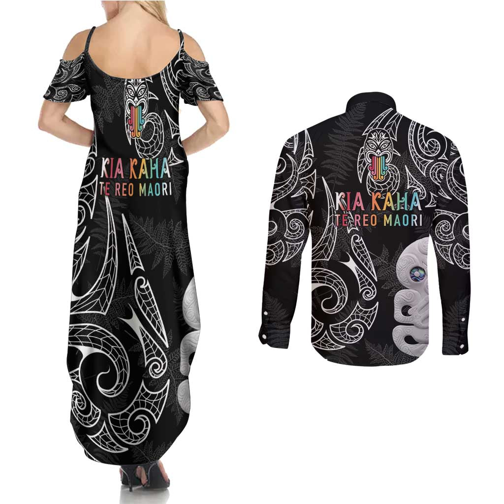Kia Hara Te reo Maori Couples Matching Summer Maxi Dress and Long Sleeve Button Shirt Manaia Moko Pattern LT7 - Polynesian Pride