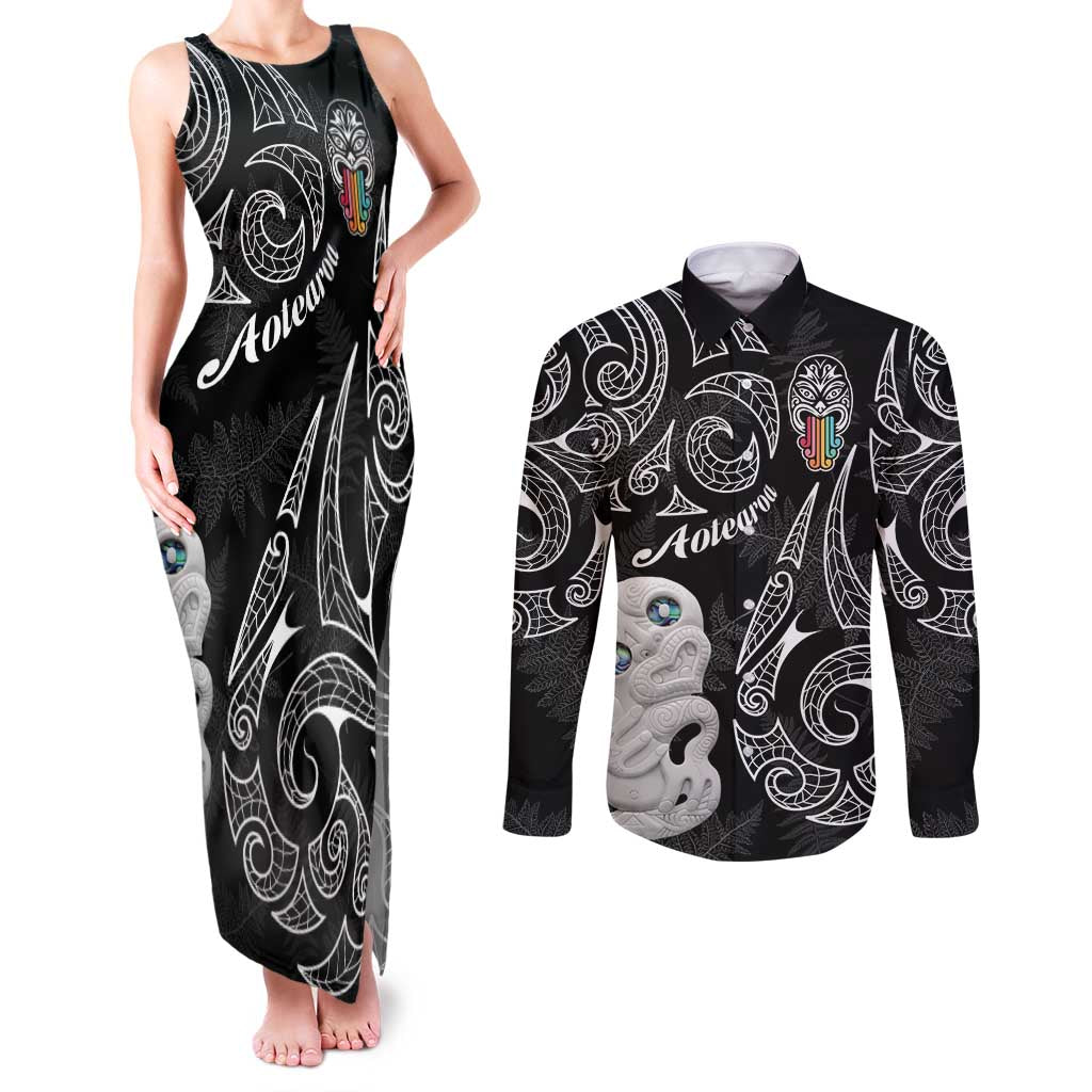 Kia Hara Te reo Maori Couples Matching Tank Maxi Dress and Long Sleeve Button Shirt Manaia Moko Pattern LT7 Black - Polynesian Pride