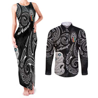 Kia Hara Te reo Maori Couples Matching Tank Maxi Dress and Long Sleeve Button Shirt Manaia Moko Pattern LT7 Black - Polynesian Pride