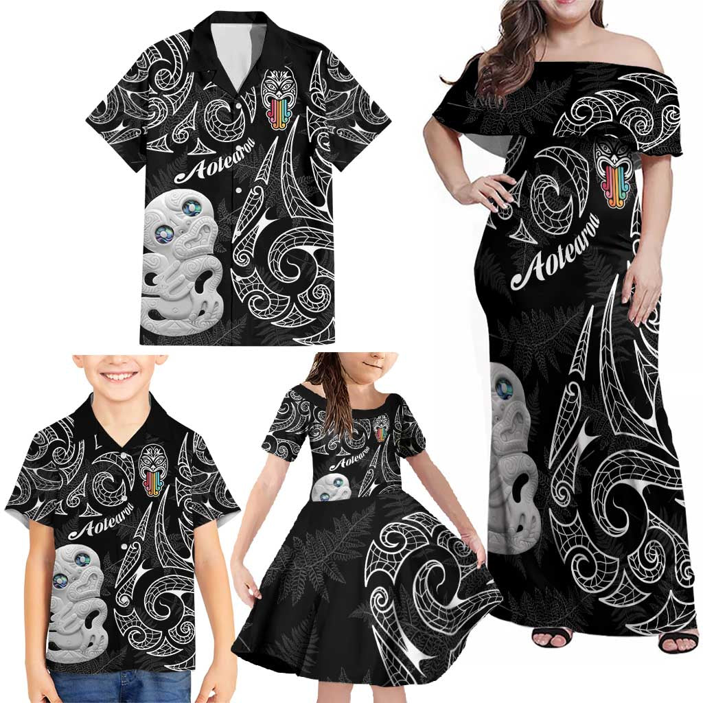 Kia Hara Te reo Maori Family Matching Off Shoulder Maxi Dress and Hawaiian Shirt Manaia Moko Pattern LT7 - Polynesian Pride