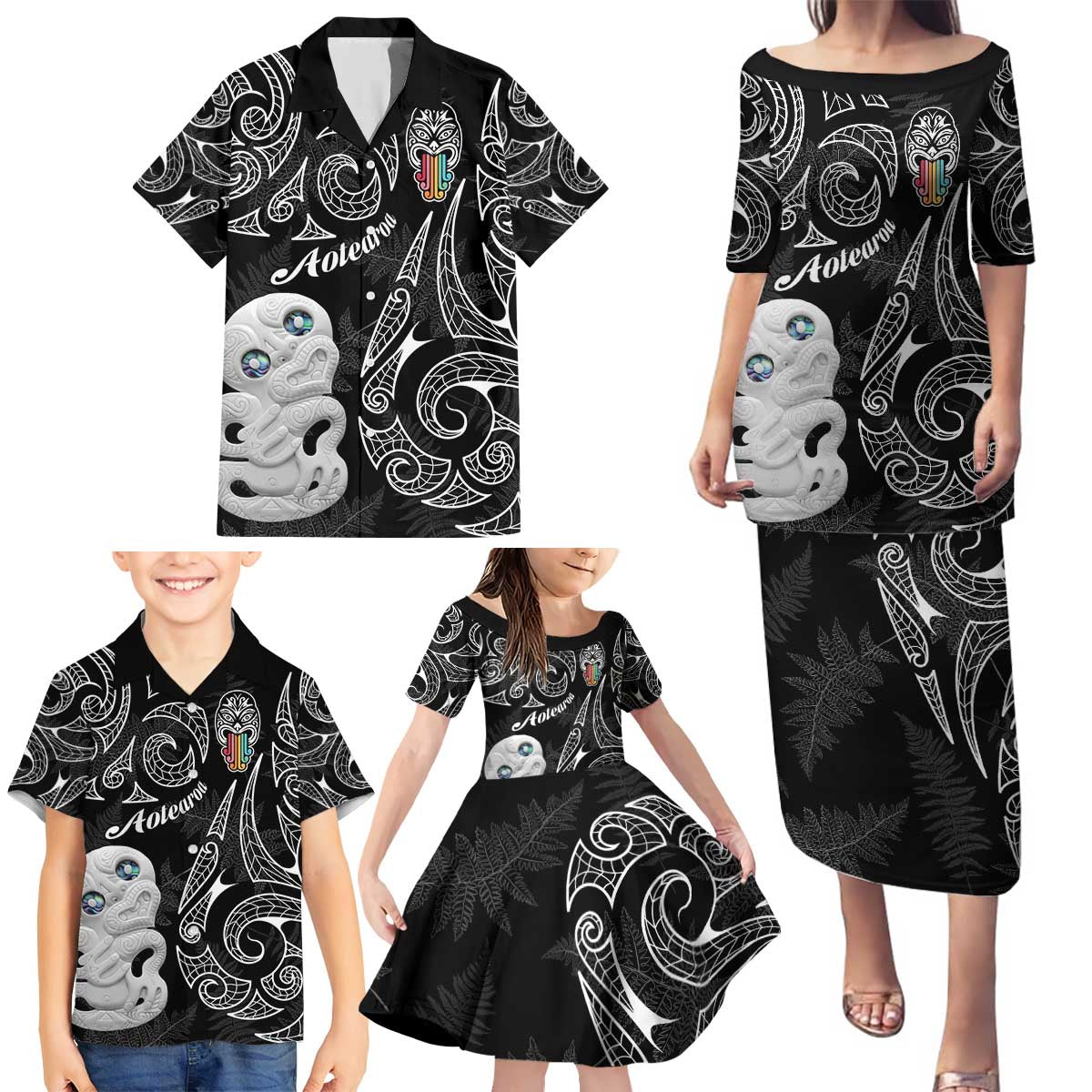 Kia Hara Te reo Maori Family Matching Puletasi and Hawaiian Shirt Manaia Moko Pattern