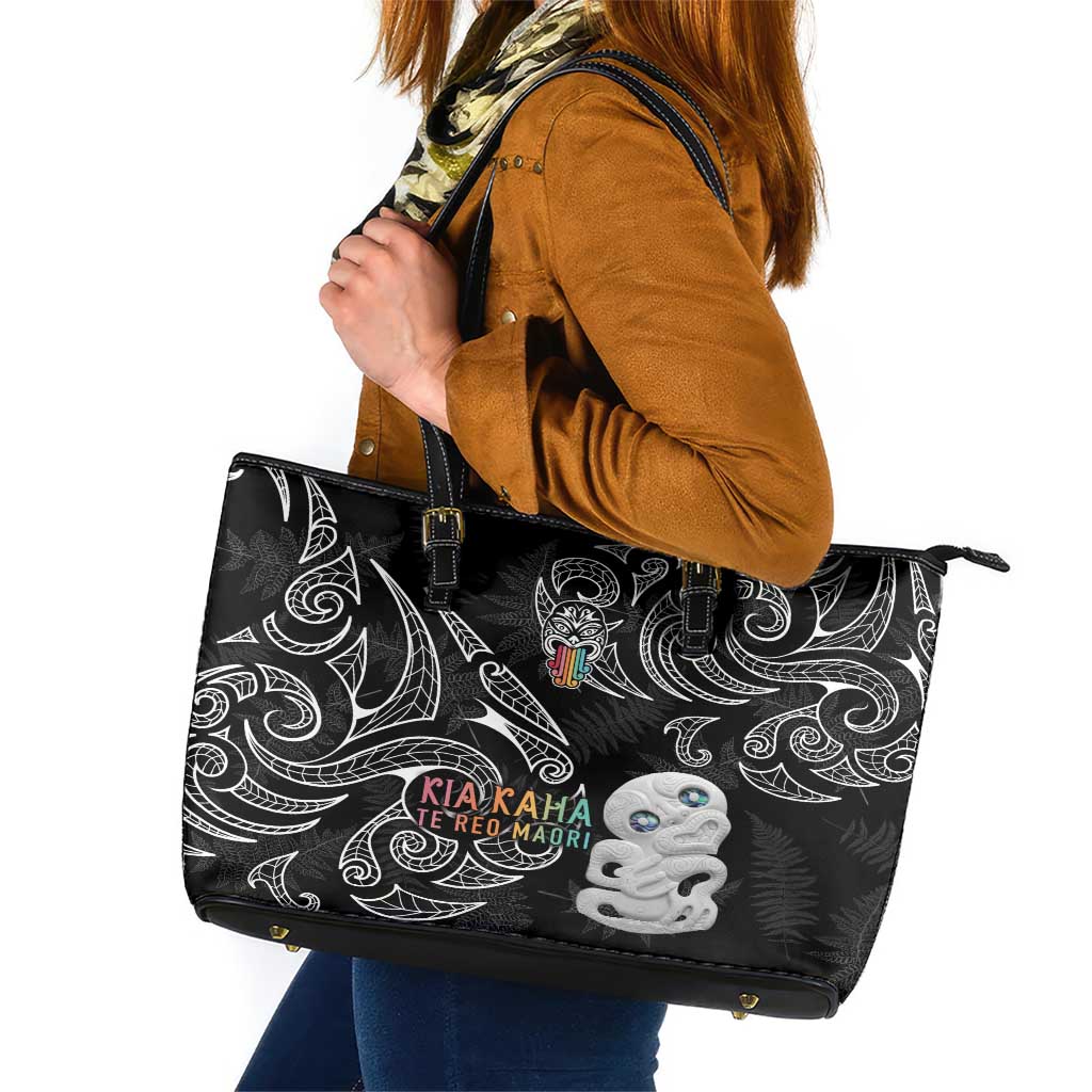 Kia Hara Te reo Maori Leather Tote Bag Manaia Moko Pattern LT7 Black - Polynesian Pride