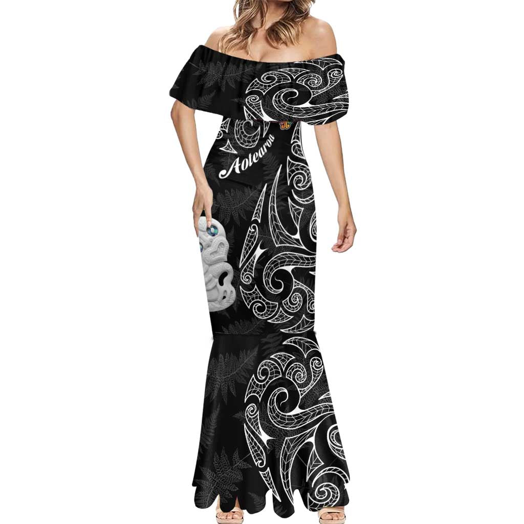 Kia Hara Te reo Maori Mermaid Dress Manaia Moko Pattern