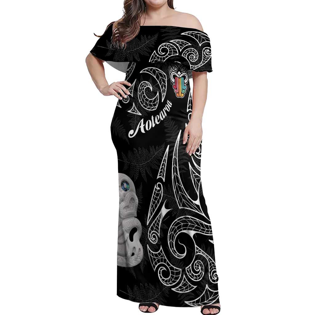 Kia Hara Te reo Maori Off Shoulder Maxi Dress Manaia Moko Pattern