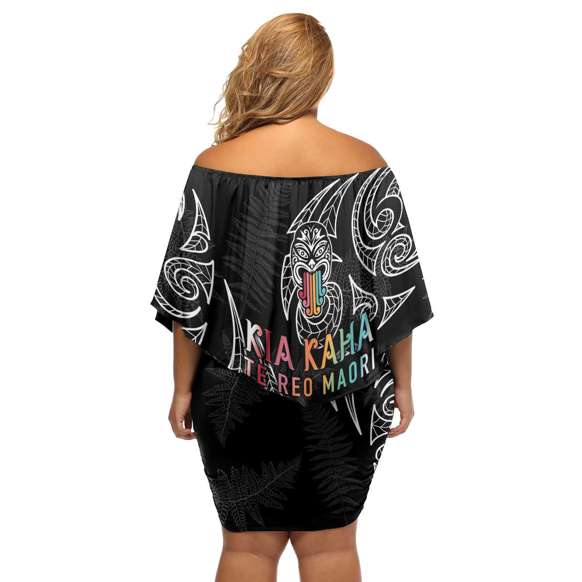 Kia Hara Te reo Maori Off Shoulder Short Dress Manaia Moko Pattern LT7 - Polynesian Pride
