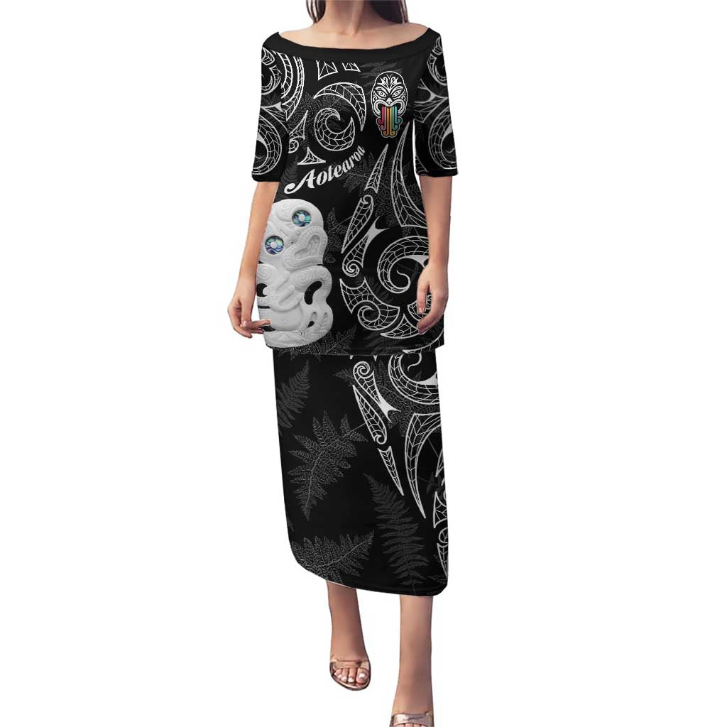 Kia Hara Te reo Maori Puletasi Manaia Moko Pattern LT7 Long Dress Black - Polynesian Pride