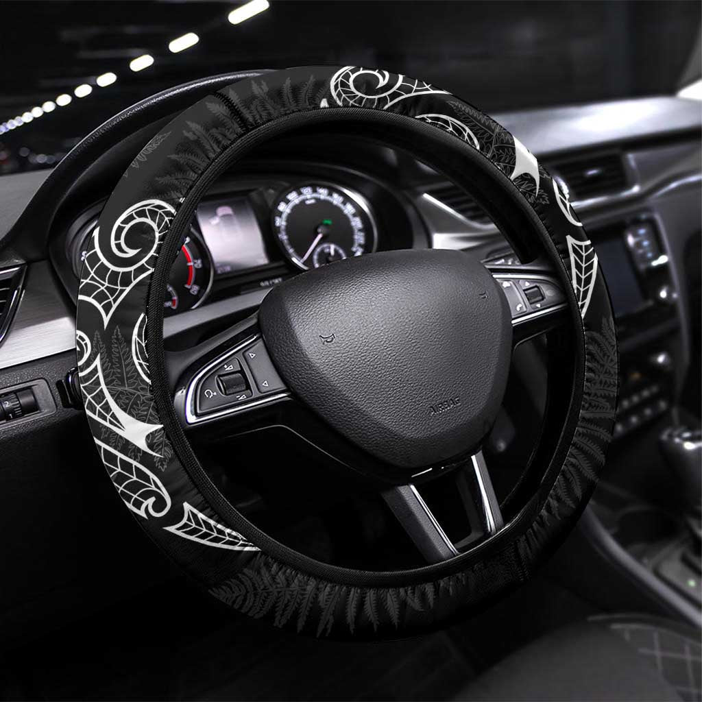 Kia Hara Te reo Maori Steering Wheel Cover Manaia Moko Pattern LT7 Universal Fit Black - Polynesian Pride