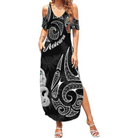 Kia Hara Te reo Maori Summer Maxi Dress Manaia Moko Pattern LT7 Women Black - Polynesian Pride