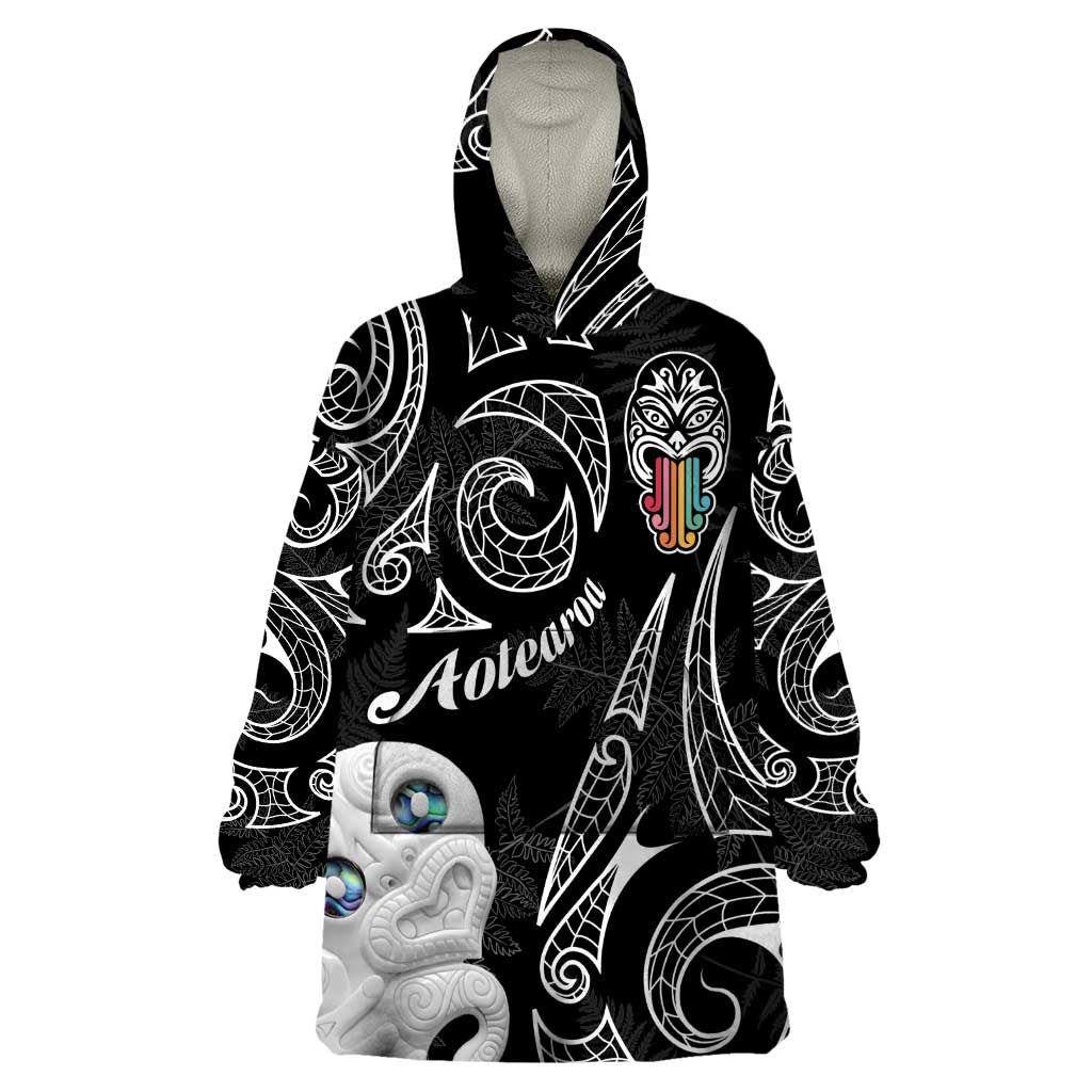 Kia Hara Te reo Maori Wearable Blanket Hoodie Manaia Moko Pattern LT7 One Size Black - Polynesian Pride