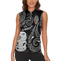 Kia Hara Te reo Maori Women Sleeveless Polo Shirt Manaia Moko Pattern