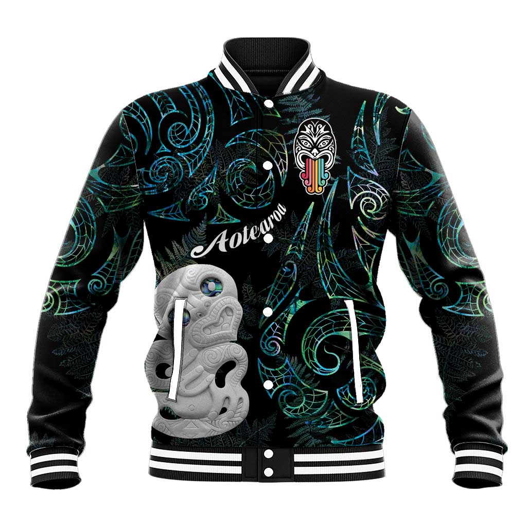 Kia Hara Te reo Maori Baseball Jacket Manaia Moko Mix Paua Shell LT7 Unisex Green - Polynesian Pride