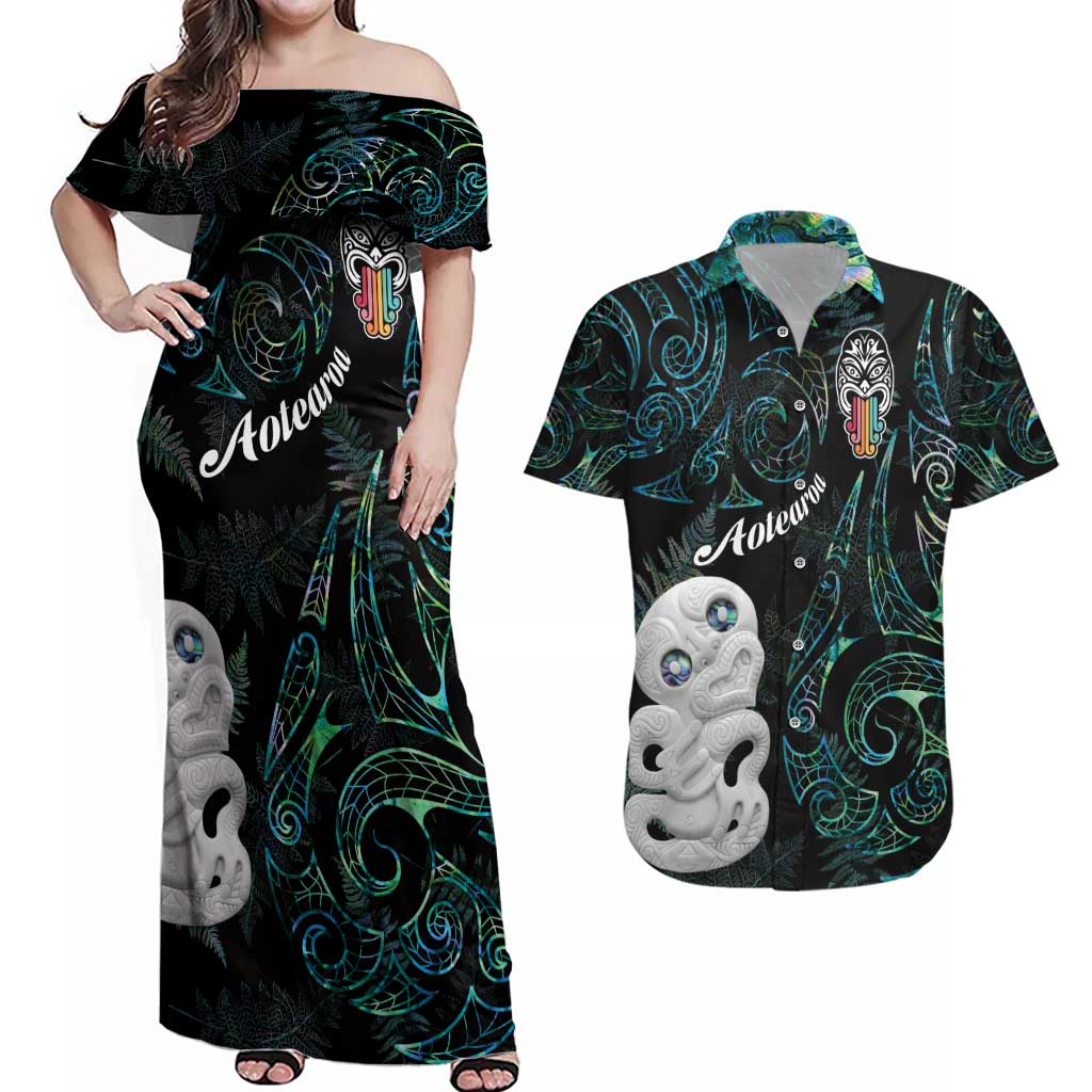 Kia Hara Te reo Maori Couples Matching Off Shoulder Maxi Dress and Hawaiian Shirt Manaia Moko Mix Paua Shell