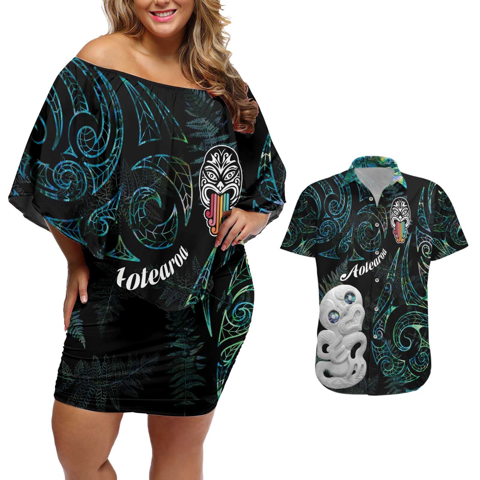 Kia Hara Te reo Maori Couples Matching Off Shoulder Short Dress and Hawaiian Shirt Manaia Moko Mix Paua Shell LT7 Green - Polynesian Pride