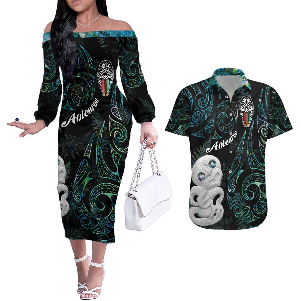 Kia Hara Te reo Maori Couples Matching Off The Shoulder Long Sleeve Dress and Hawaiian Shirt Manaia Moko Mix Paua Shell LT7 Green - Polynesian Pride
