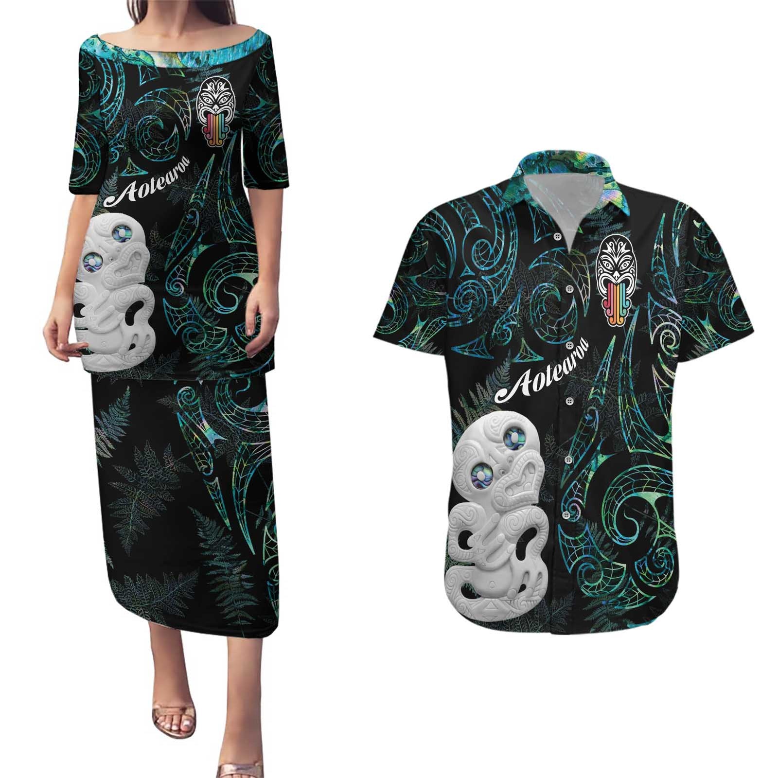 Kia Hara Te reo Maori Couples Matching Puletasi and Hawaiian Shirt Manaia Moko Mix Paua Shell LT7 Green - Polynesian Pride