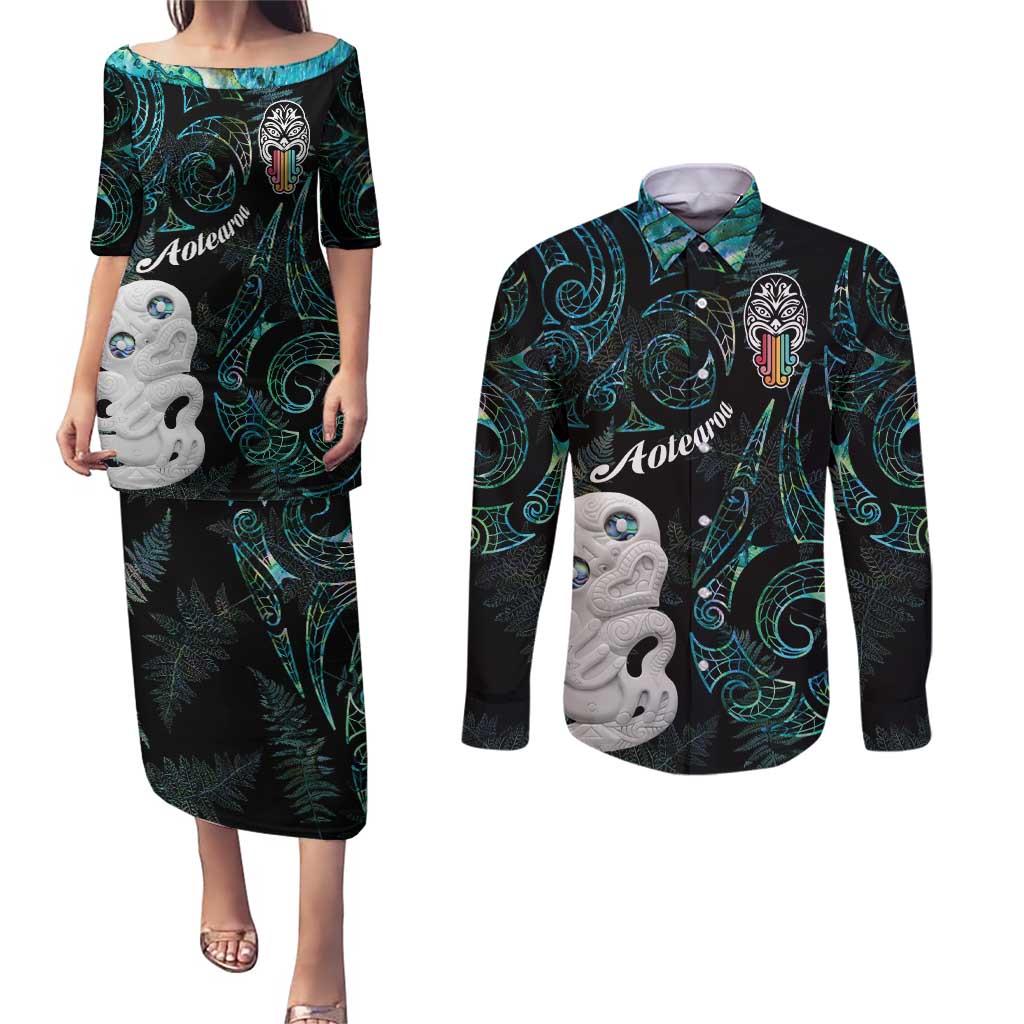Kia Hara Te reo Maori Couples Matching Puletasi and Long Sleeve Button Shirt Manaia Moko Mix Paua Shell LT7 Green - Polynesian Pride