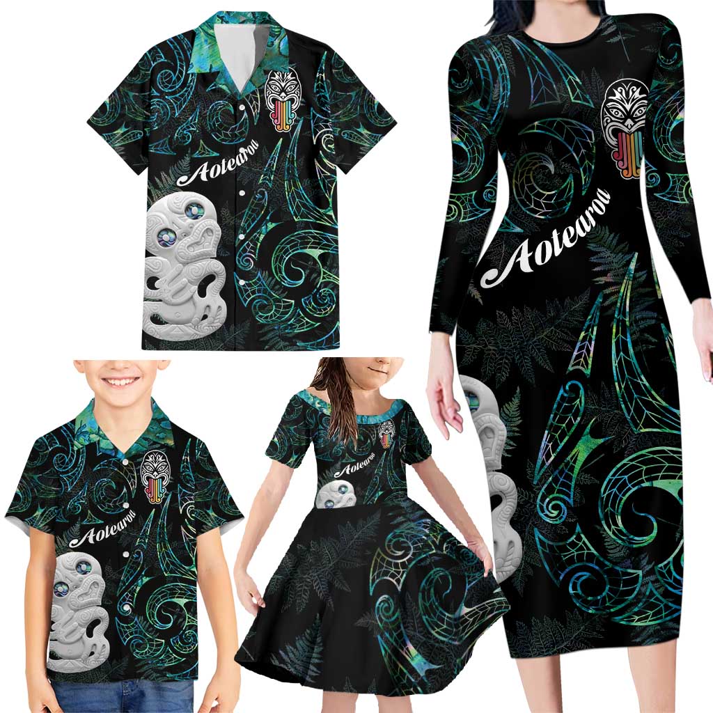 Kia Hara Te reo Maori Family Matching Long Sleeve Bodycon Dress and Hawaiian Shirt Manaia Moko Mix Paua Shell