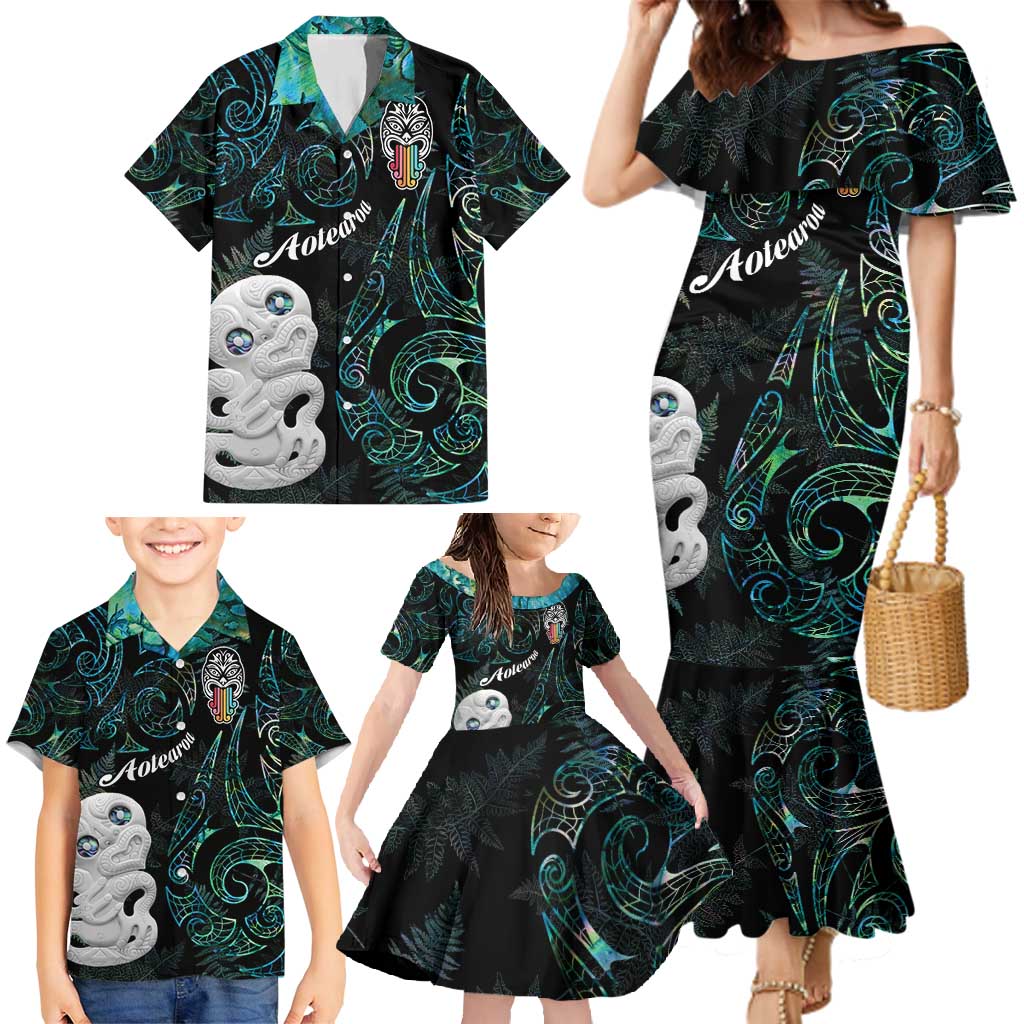 Kia Hara Te reo Maori Family Matching Mermaid Dress and Hawaiian Shirt Manaia Moko Mix Paua Shell