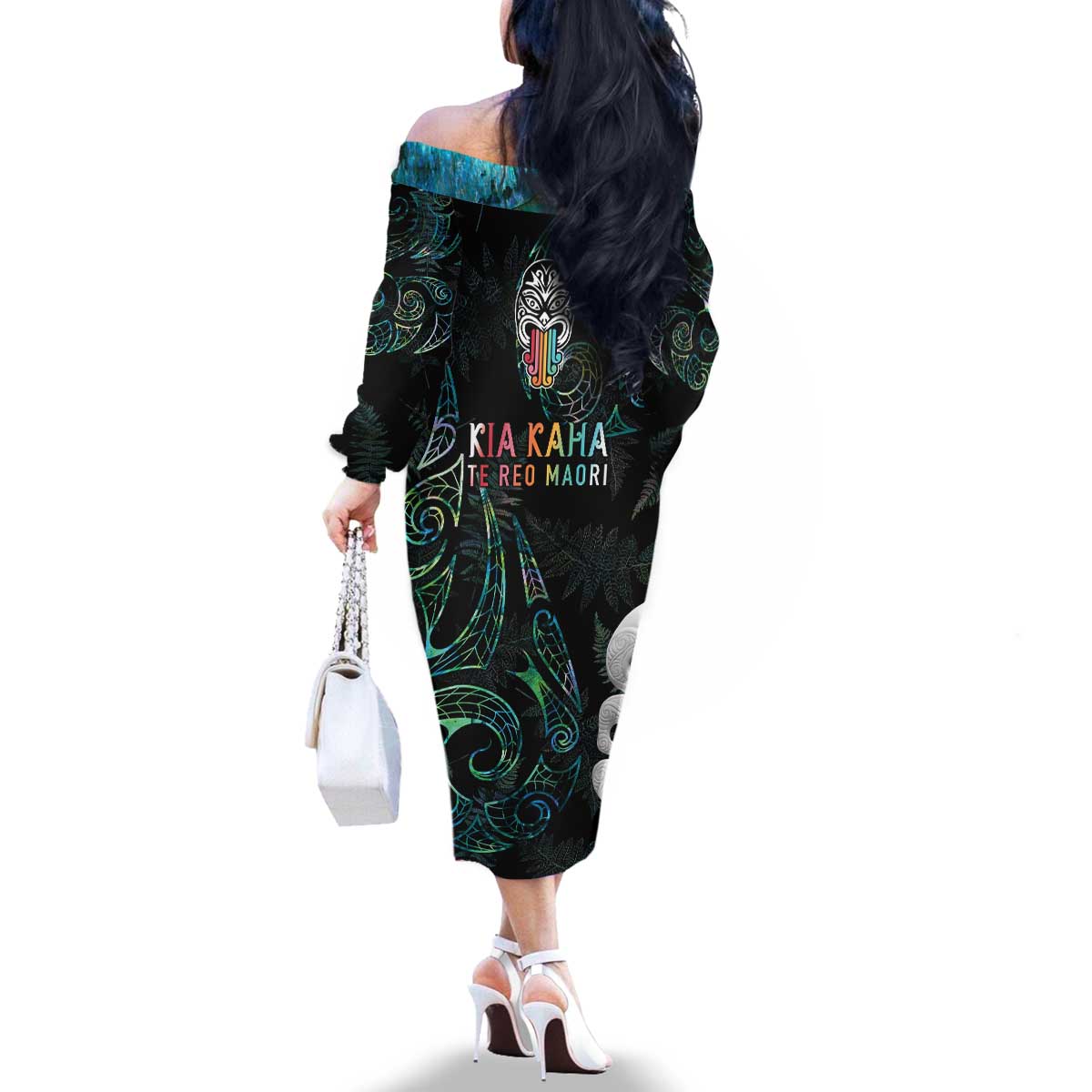 Kia Hara Te reo Maori Family Matching Off The Shoulder Long Sleeve Dress and Hawaiian Shirt Manaia Moko Mix Paua Shell