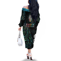 Kia Hara Te reo Maori Family Matching Off The Shoulder Long Sleeve Dress and Hawaiian Shirt Manaia Moko Mix Paua Shell