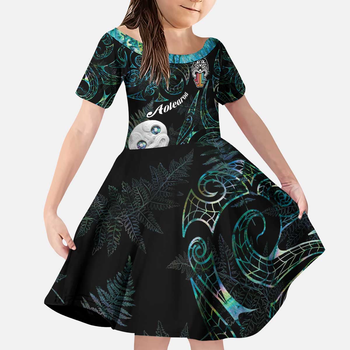 Kia Hara Te reo Maori Kid Short Sleeve Dress Manaia Moko Mix Paua Shell
