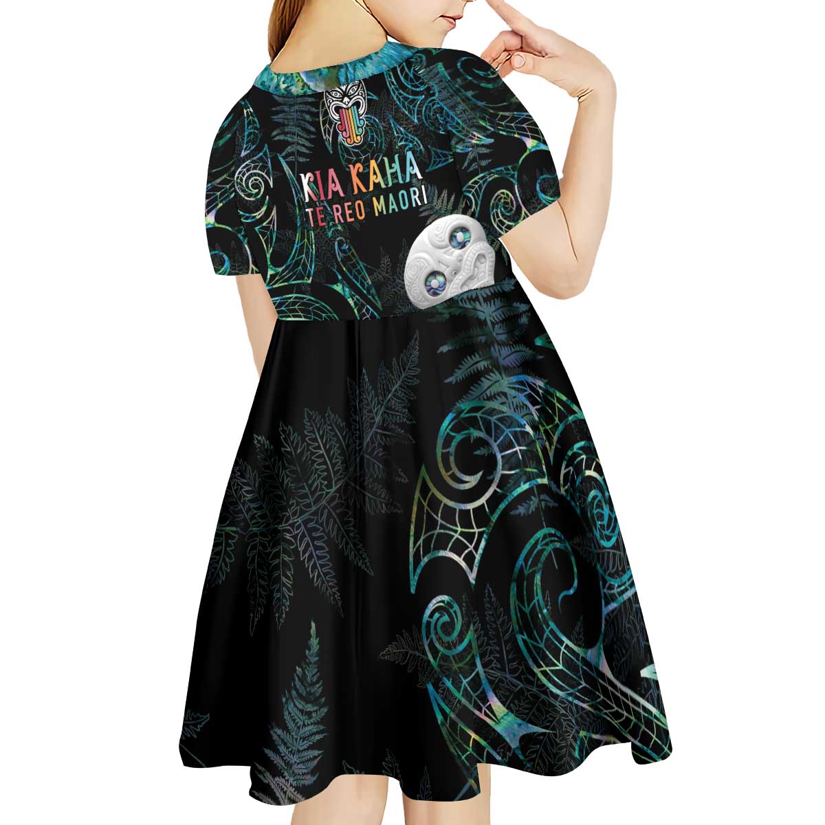 Kia Hara Te reo Maori Kid Short Sleeve Dress Manaia Moko Mix Paua Shell