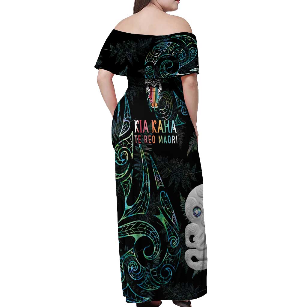 Kia Hara Te reo Maori Off Shoulder Maxi Dress Manaia Moko Mix Paua Shell LT7 - Polynesian Pride