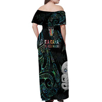 Kia Hara Te reo Maori Off Shoulder Maxi Dress Manaia Moko Mix Paua Shell LT7 - Polynesian Pride