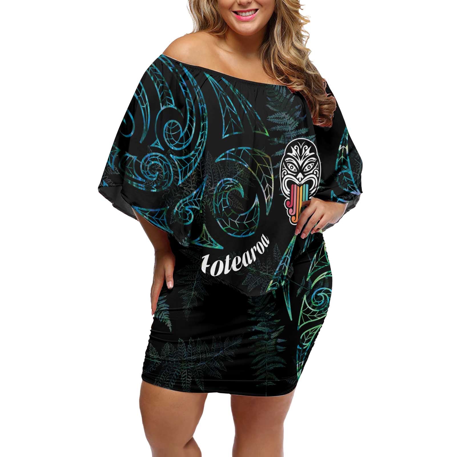 Kia Hara Te reo Maori Off Shoulder Short Dress Manaia Moko Mix Paua Shell