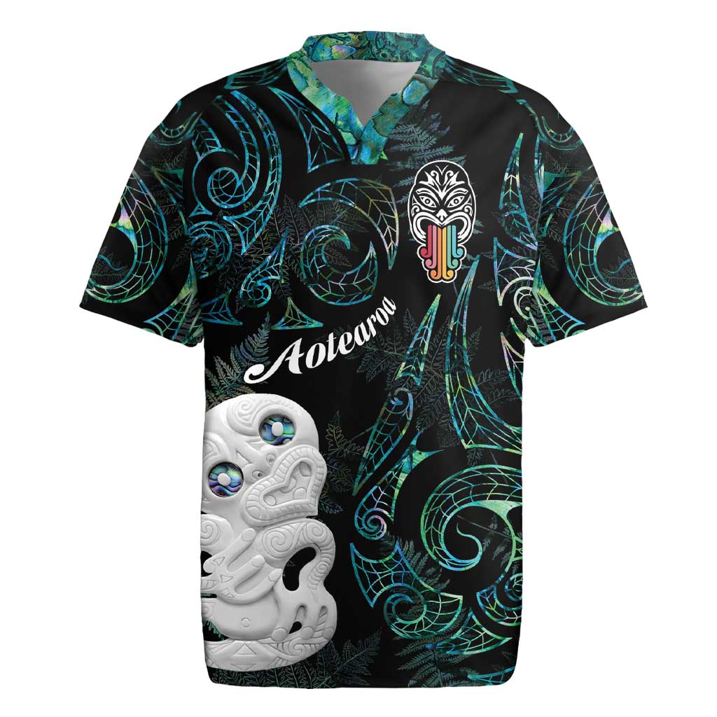 Kia Hara Te reo Maori Rugby Jersey Manaia Moko Mix Paua Shell LT7 Green - Polynesian Pride