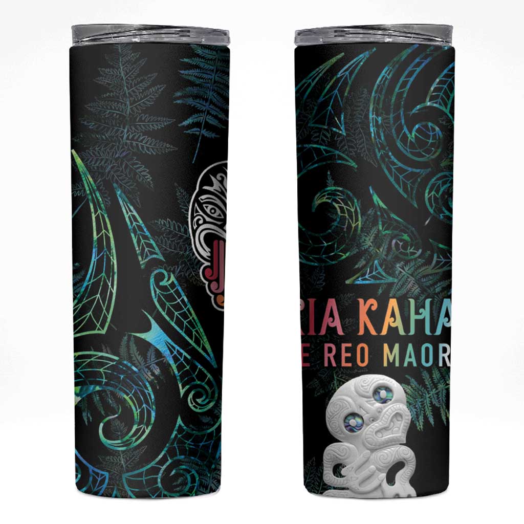 Kia Hara Te reo Maori Skinny Tumbler Manaia Moko Mix Paua Shell