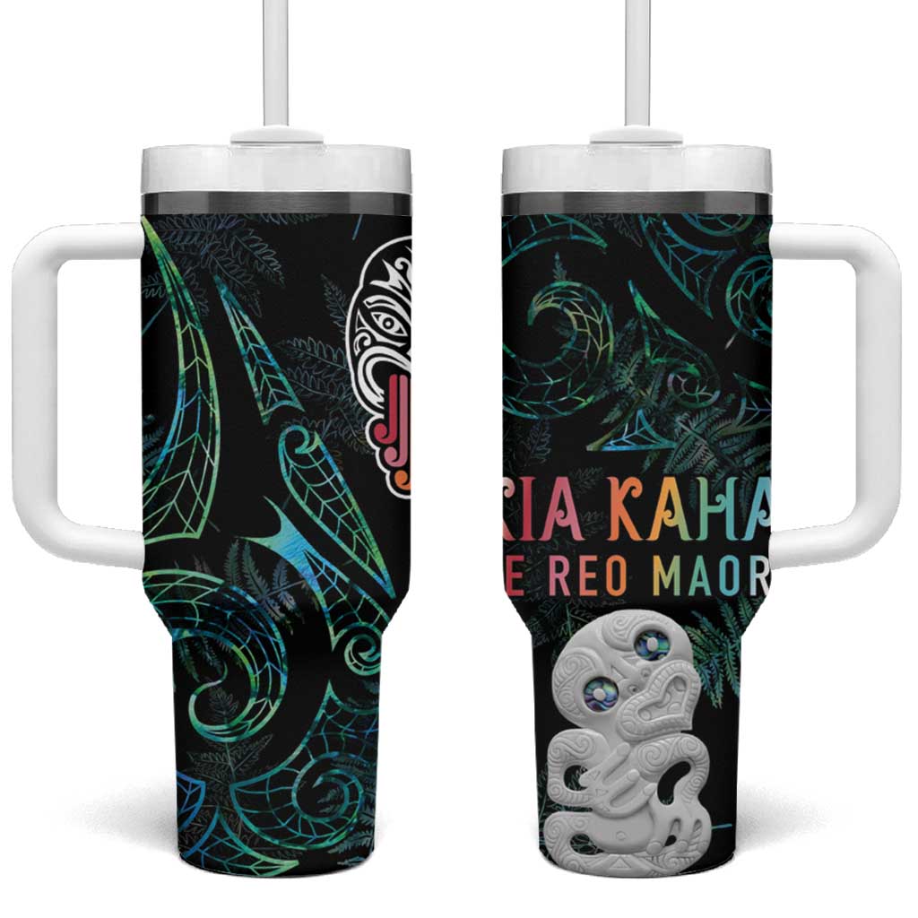 Kia Hara Te reo Maori Tumbler With Handle Manaia Moko Mix Paua Shell LT7 One Size: 40 oz Green - Polynesian Pride