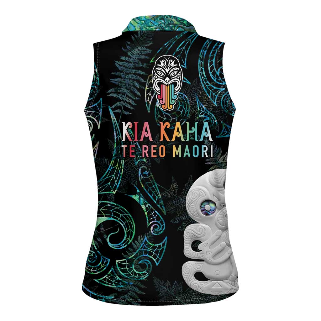 Kia Hara Te reo Maori Women Sleeveless Polo Shirt Manaia Moko Mix Paua Shell