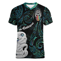 Kia Hara Te reo Maori Women V-Neck T-Shirt Manaia Moko Mix Paua Shell