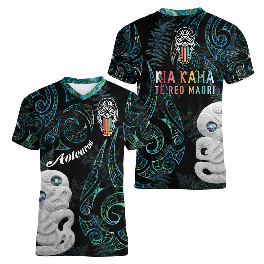 Kia Hara Te reo Maori Women V-Neck T-Shirt Manaia Moko Mix Paua Shell