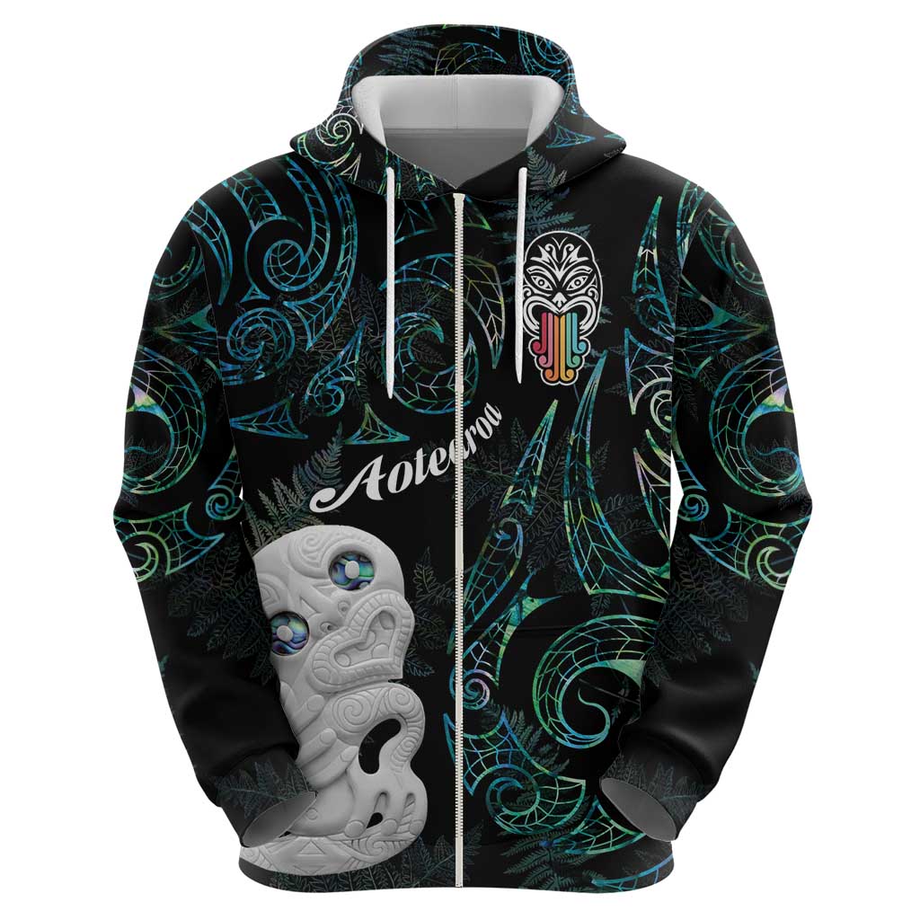 Kia Hara Te reo Maori Zip Hoodie Manaia Moko Mix Paua Shell