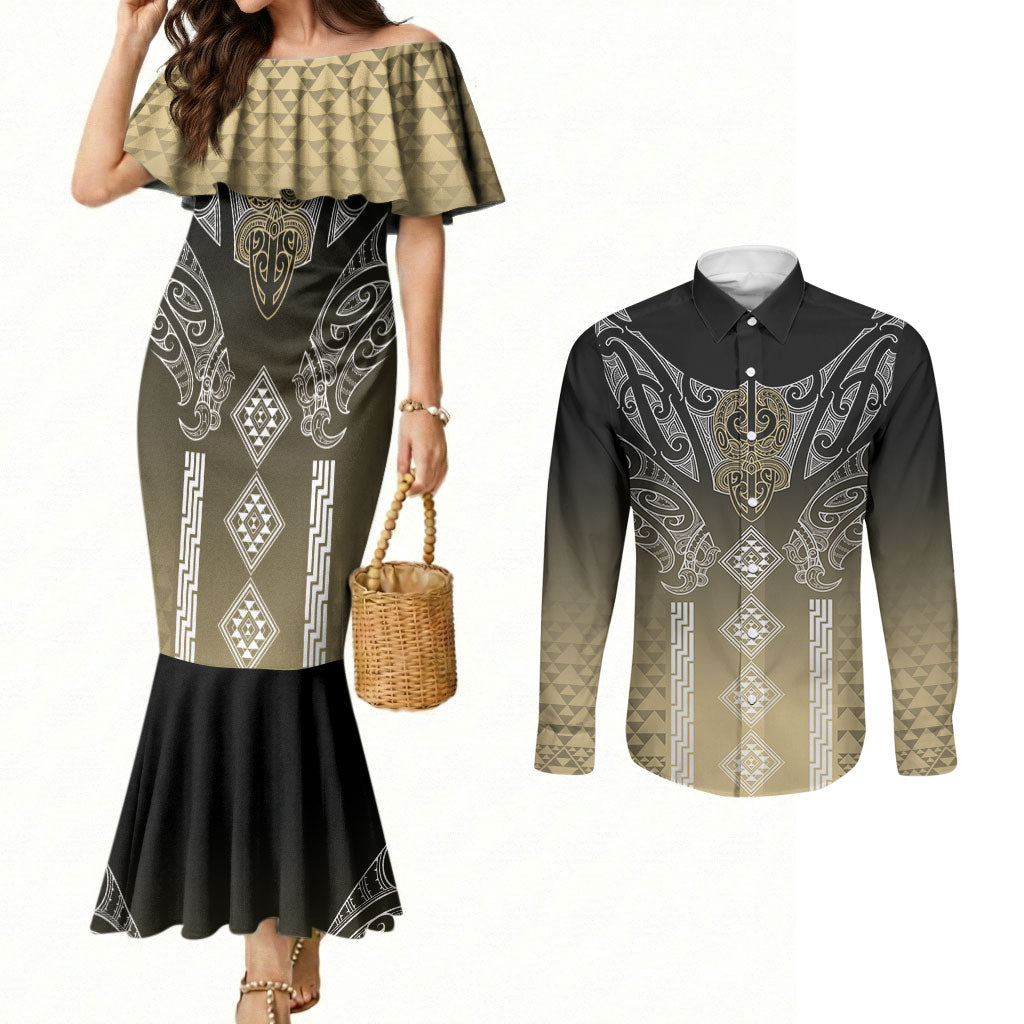 Aotearoa Maori Iwi Heritage Couples Matching Mermaid Dress and Long Sleeve Button Shirt Waikato Tainui Parauri LT7 Earth Gold - Polynesian Pride